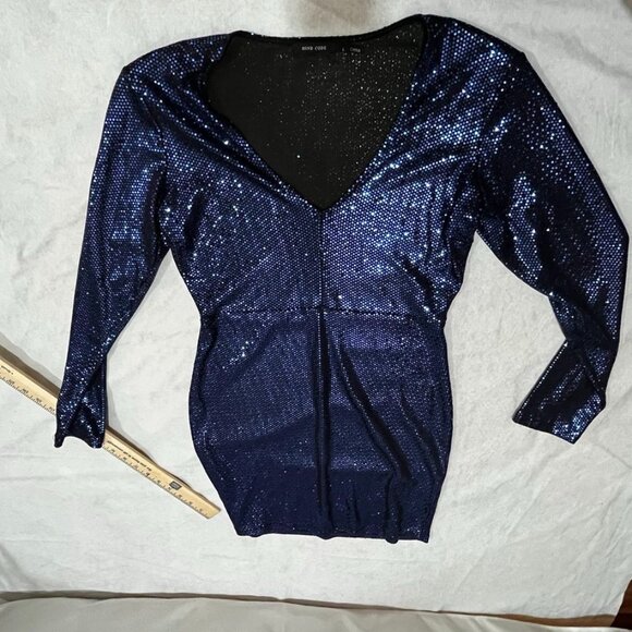 Mind Code Sparkle Sequin Long Sleeve V-Neck Mini Dress Navy Blue L - Picture 3 of 10